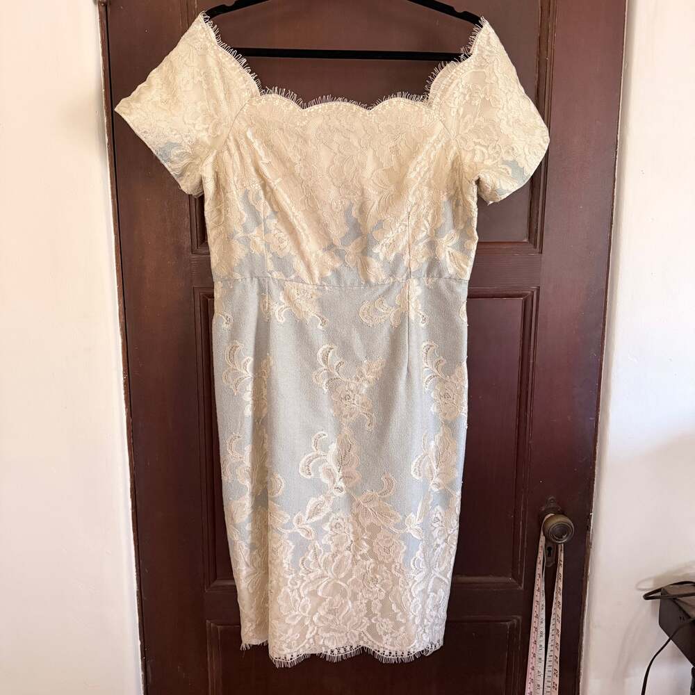60s Vintage Off Shoulder Baby Blue and Cream Lace Sheath Cocktail Dress | Large